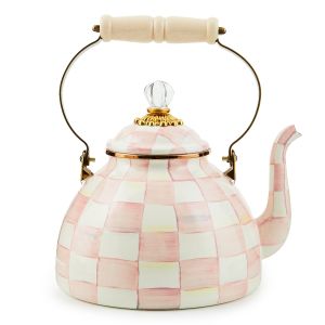 image shows MacKenzie-Childs Rosy Check 3 Qt. Tea Kettle against a blank, white background