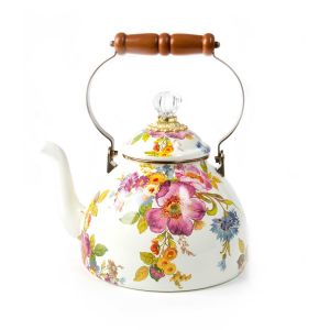 image shows MacKenzie-Childs White Flower Market 3 Qt. Tea Kettle against a blank, white background
