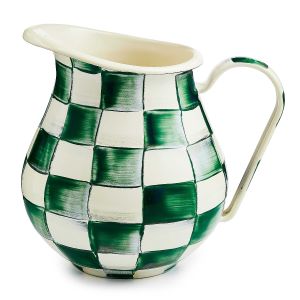image shows MacKenzie-Childs Emerald Check 3qt. Emerald Check Pitcher against a blank, white background
