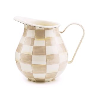 image shows MacKenzie-Childs Mocha Check 3 Qt. Pitcher against a blank, white background
