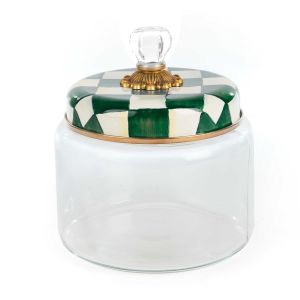image shows MacKenzie-Childs Emerald Check 64oz Large Kitchen Canister against a blank, white background