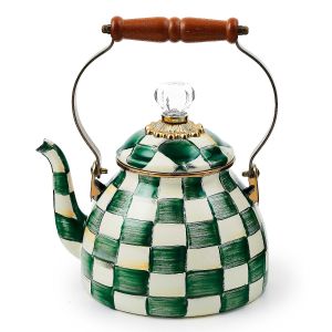 image shows MacKenzie-Childs Emerald Check 2 Qt. Tea Kettle against a blank, white background