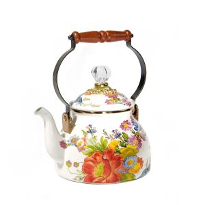 image shows MacKenzie-Childs White Flower Market 2 Qt. Tea Kettle  against a blank, white background
