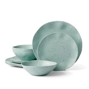 image shows Oneida Terrazzo Melamine 12-Piece Dinnerware Set | Mint  against a blank, white background