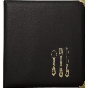 image shows C.R. Gibson Faux Leather Recipe Book with Tabbed Dividers and Sheet Protectors | Black and Gold against a blank, white background   