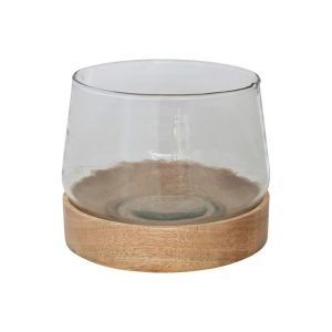 Creative Co-Op Round Glass Hurricane Vase With Mango Wood Base | 6.75"
