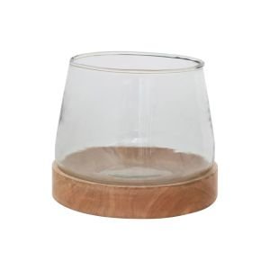 Creative Co-Op 8.25" Round Glass Hurricane Vase With Mango Wood Base 