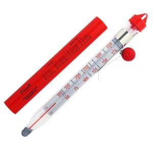 The Escali AHC3 Candy/Deep Fry Thermometer with protective sheath that shows recommended Candy and Deep Fry Temperatures