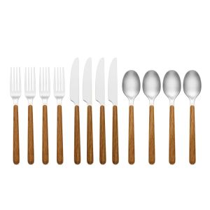image shows Lenox Oneida 24/7 Outdoor Living 12-Piece Flatware Set | Mirror/Faux Wood  against a blank, white background