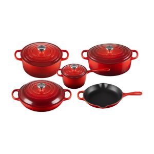 image shows Le Creuset 9 Piece Signature Set, Cerise (5.5 qt, Sig. RDO, 6.75 qt. Sig. ODO, 3.5 qt. S against a blank, white background