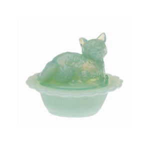 Mosser Glass Mini Cat On Basket Figurine | Jadeite