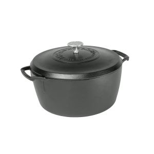 Lodge Blacklock Triple Seasoned 5.5 Qt. Cast Iron Dutch Oven against a white background shot from the side