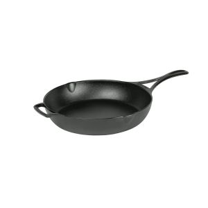 Lodge Blacklock Triple Seasoned 7" Cast Iron Skillet against a white background from the side, angled with the handle to the right 