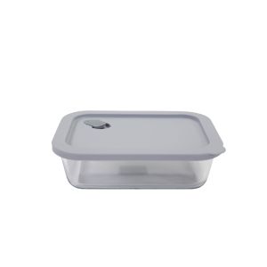 image shows Click Clack 1 Quart Cook+ Rectangular Heatproof Glass Container | Grey against a blank, white background