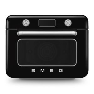 image shows SMEG 50's Retro Style Aesthetic Countertop Air Fry Oven With Steam | Black against a blank, white background