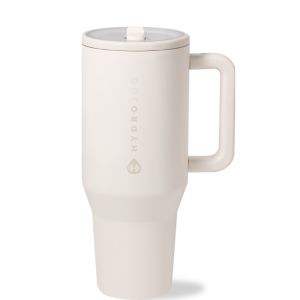 HydroJug Traveler 32oz Leakproof Tumbler (Cream) against a white background shot from the side from the front