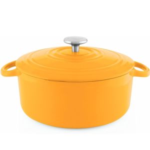 image shows Chantal 5Qt. Round Cast Iron Dutch Oven | Marigold against a blank, white background