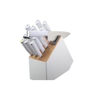 image shows KitchenAid Classic 14-Piece Self-Sharpening Slim Knife Block Set | White Handles with Two-Tone White & Natural Block against a blank, white background