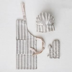 Creative Co-Op Cotton Childs Apron With Chef Hat & Oven Mitt (Stripes)