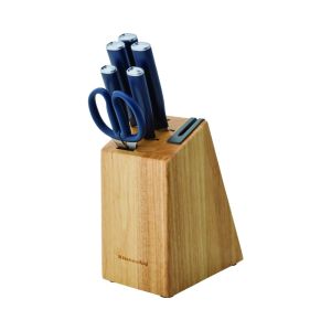 image shows KitchenAid Classic 7-Piece Self-Sharpening Knife Block Set | Ink Blue Handles with Natural Block against a blank, white background