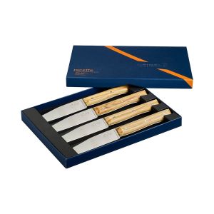 image shows Opinel Facette Steak Knife Set | Olive Wood package against a blank, white background  