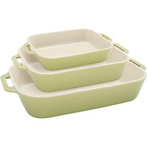 image shows Staub 3-Piece Rectangular Baking Dish Set | Macaron Light Green against a blank, white background