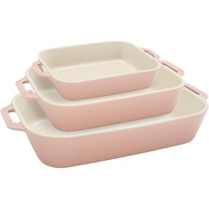 image shows Staub 3-Piece Rectangular Baking Dish Set | Macaron Light Pink against a blank, white background  