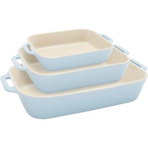 image shows Staub 3-Piece Rectangular Baking Dish Set | Macaron Light Blue against a blank, white background