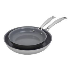image shows Henckels CLAD H3 Ceramic Nonstick Stainless Steel Fry Pan Set | 2-Piece against a blank, white background