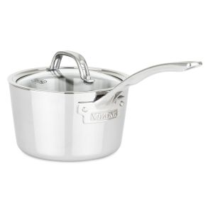 image shows Viking Contemporary 3-Ply Stainless Steel Sauce Pan with Glass Lid | 2.4 Quart  against a blank, white background