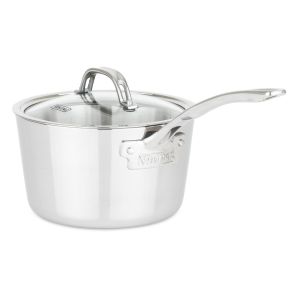 image shows Viking Contemporary 3-Ply Stainless Steel Sauce Pan with Glass Lid | 3.4 Quart against a blank, white background