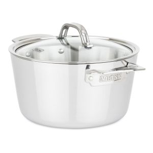 image shows Viking Contemporary 3-Ply Stainless Steel Dutch Oven With Glass Lid | 5.2 Quart against a blank, white background  