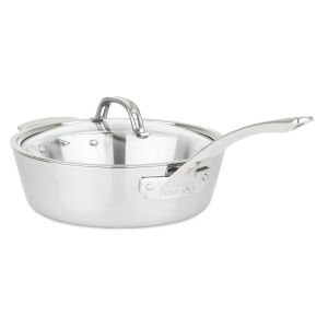  image shows Viking Contemporary 3-Ply Stainless Steel Sauté Pan With Glass Lid | 3.6 Quart against a blank, white background