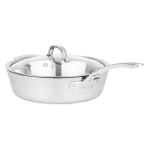 image shows Viking Contemporary 3-Ply Stainless Steel Sauté Pan With Glass Lid | 4.8 Quart against a blank, white background