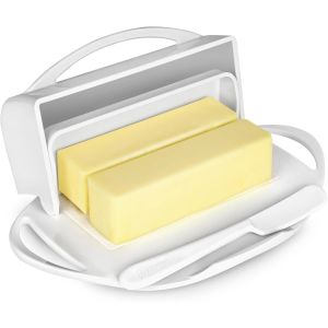 image shows Butterie Butter Dish with Attached Flip-Top Lid | White against a blank, white background
