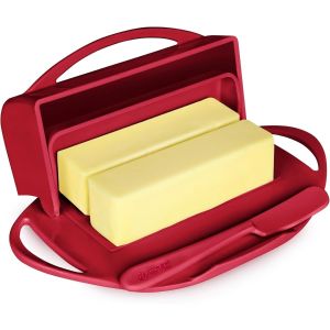 image shows Butterie Butter Dish with Attached Flip-Top Lid | Red against a blank, white background