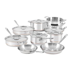 image shows All-Clad Copper Core 5-Ply Bonded Stainless Steel Cookware Set | 15-Piece against a blank, white background