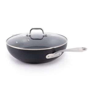 image shows All-Clad HA1 Expert Hard Anodized Nonstick 12" Chef's Pan with Lid against a blank, white background