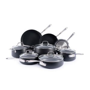 image shows All-Clad HA1 Expert Hard Anodized Nonstick Cookware Set | 13-Piece against a blank, white background