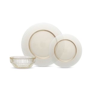 image shows Fortessa Archie 12-Piece Dinnerware Set | Ginger Gold against a blank, white background