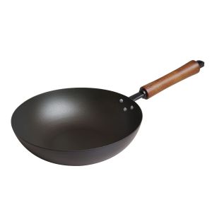 image shows Joyce Chen Classic Series 9.5" Carbon Steel Preseasoned Stir Fry Pan against a blank, white background