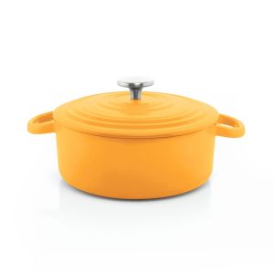 image shows Chantal 3Qt. Round Cast Iron Dutch Oven | Marigold against a blank, white background