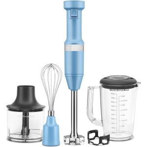  image shows KitchenAid Variable Speed Corded Hand Blender With Accessories | Blue Velvet against a blank, white background