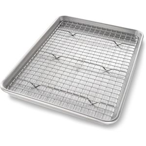 image shows USA Pan Nonstick Jelly Roll Baking Sheet & Cooling Rack Set against a blank, white background