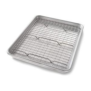 image shows USA Pan Nonstick Quarter Sheet Pan & Cooling Rack Set against a blank, white background
