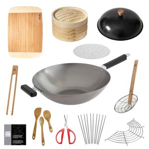image shows Joyce Chen Professional Series Uncoated 14" Wok Bundle | 12-Piece against a blank, white background