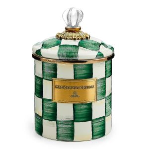 image shows MacKenzie-Childs Emerald Check 38oz Small Canister  against a blank, white background