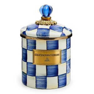image shows MacKenzie-Childs Royal Check 38oz Small Canister  against a blank, white background