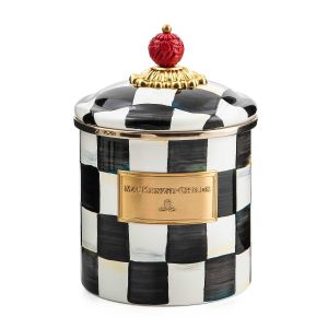 image shows MacKenzie-Childs Courtly Check 38oz Small Canister against a blank, white background