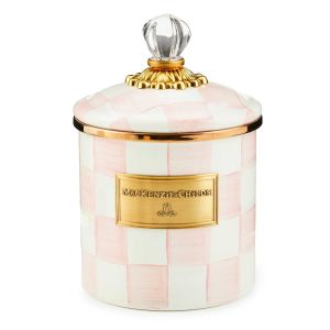 image shows MacKenzie-Childs Rosy Check 38oz Small Canister against a blank, white background